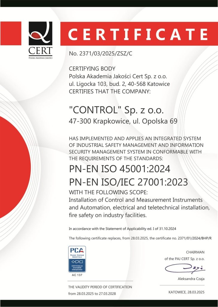 Certyfikat CERT EN- Control Sp. z o.o.