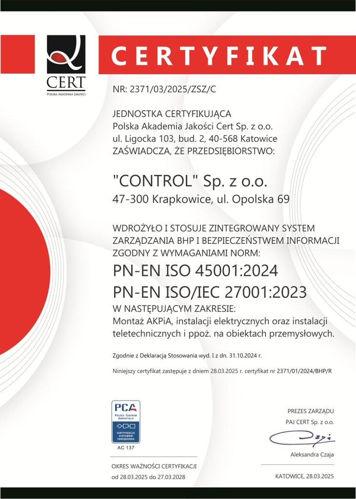 Certyfikat CERT PL- Control Sp. z o.o.